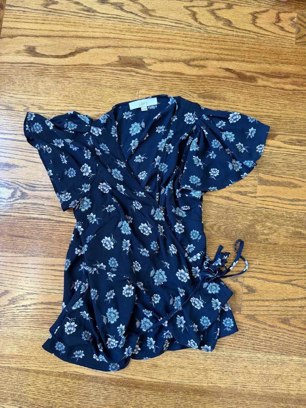 LOFT Navy Floral Wrap Top with Light Blue Accents